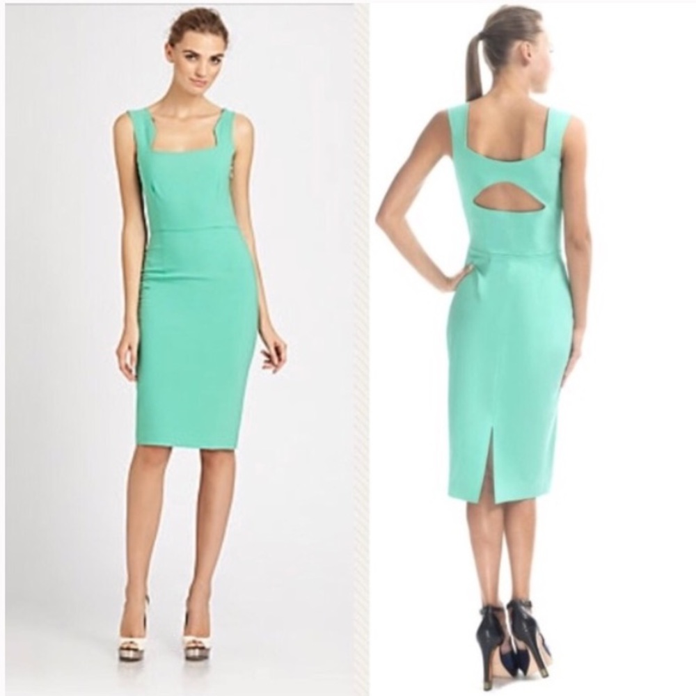 Rachel Roy Cut out back wool blend green sheath midi Dress sz.12
